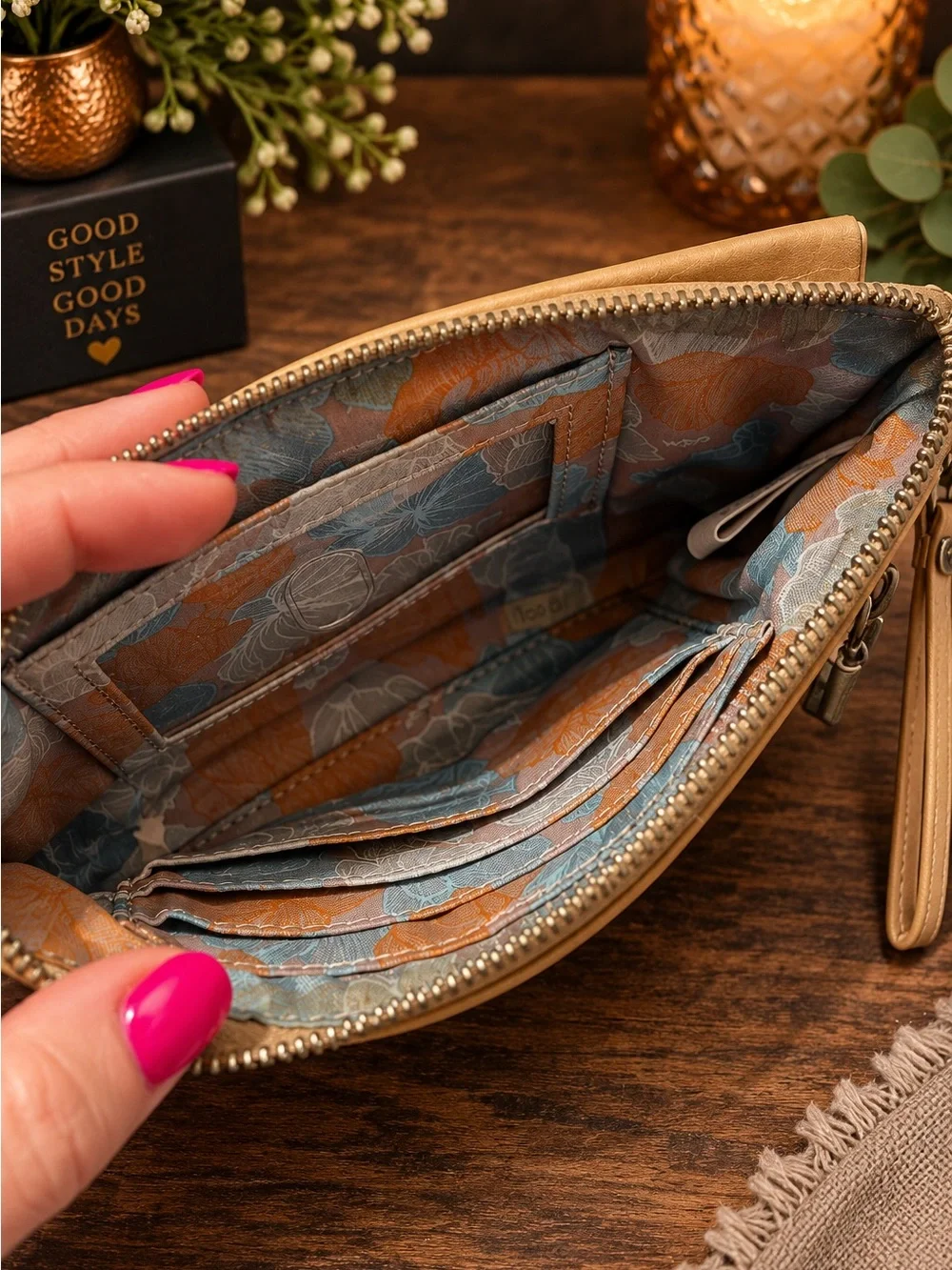 HOBO Tan Leather Wristlet Organizer Wallet Clutch