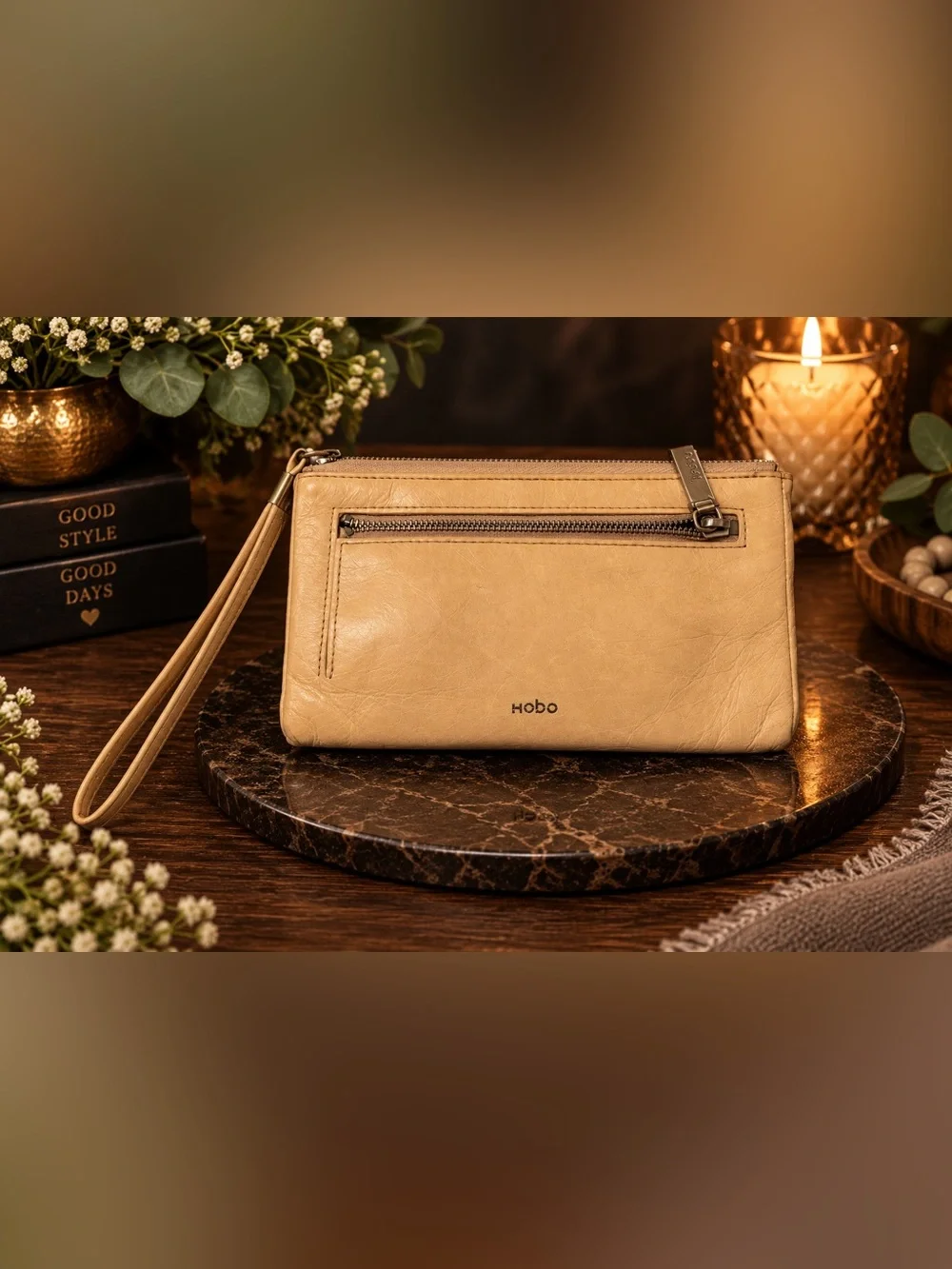 HOBO Tan Leather Wristlet Organizer Wallet Clutch