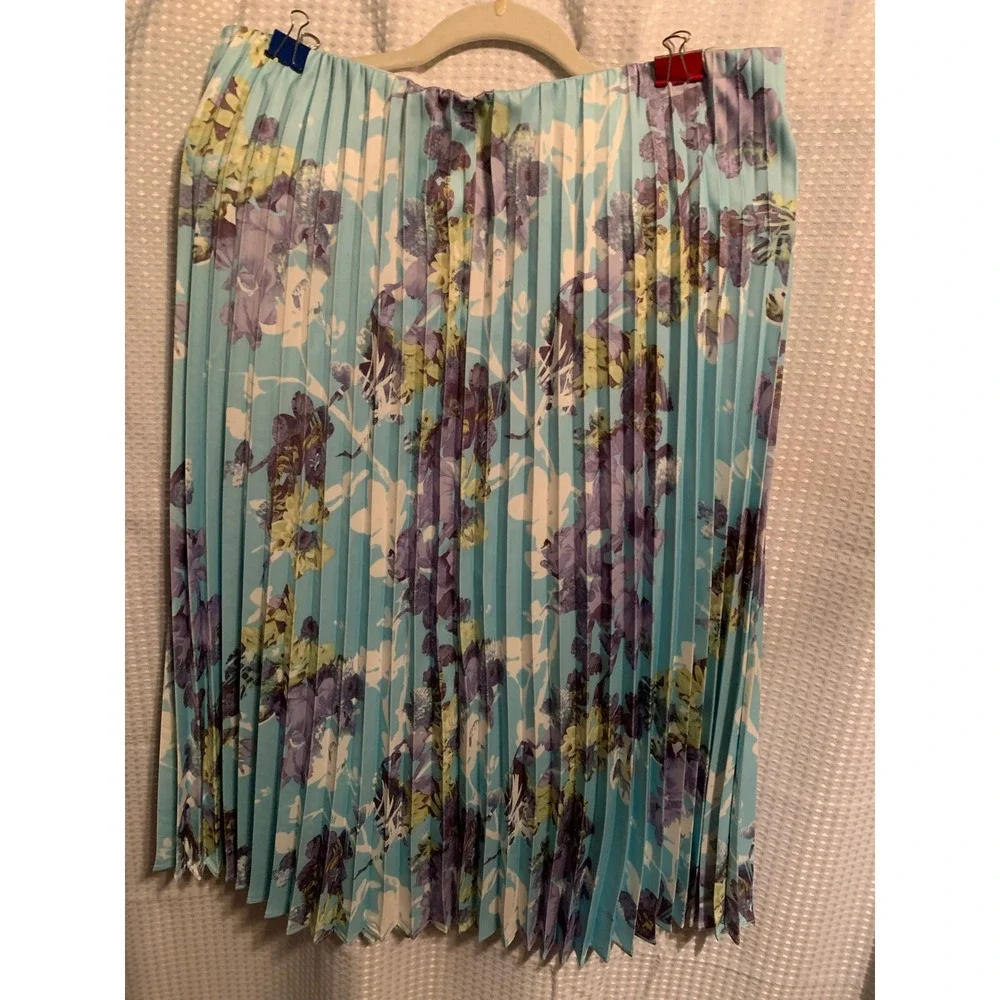 Worthington Womens Blue Purple Floral Pleated Midi Skirt Large Elastic‎ Waist