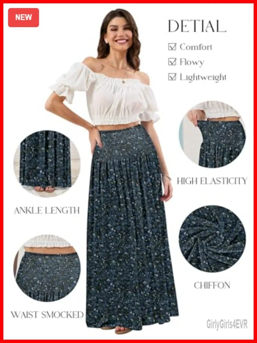 Womens Maxi Skirt Smocked Boho Flowy Casual Long Skirt High Waisted
