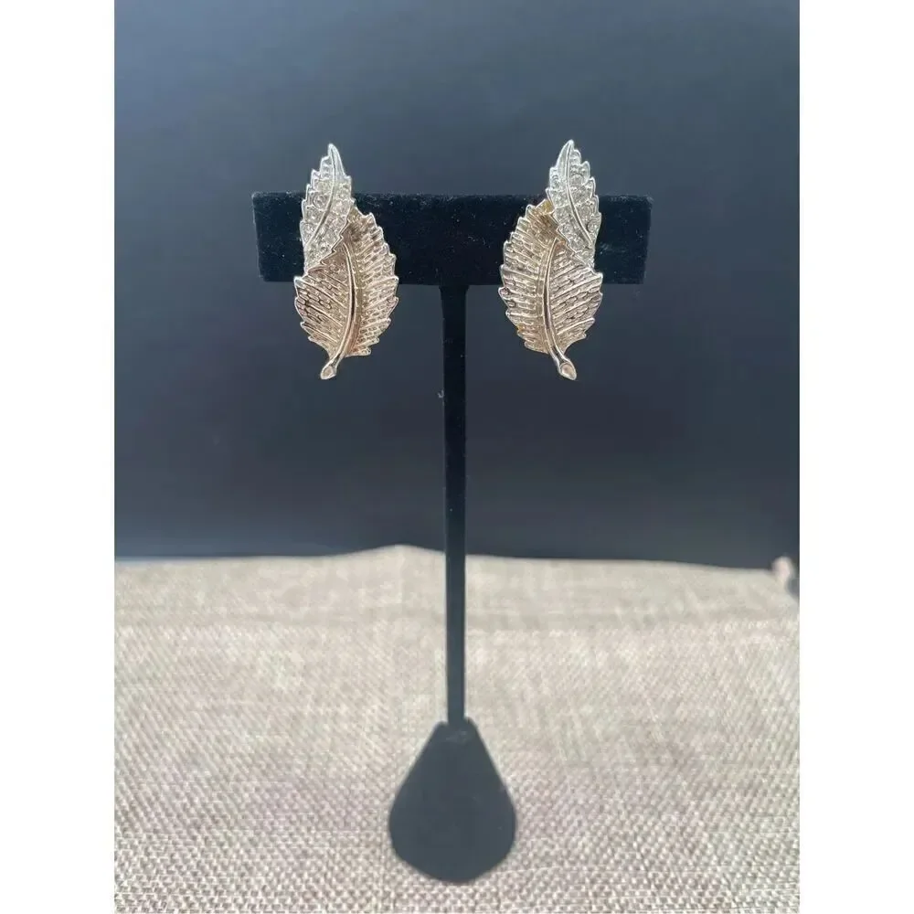 SARAH COVENTRY Leaf Shape Clip Earrings, LT. Gold Tone Metal, Crystals
