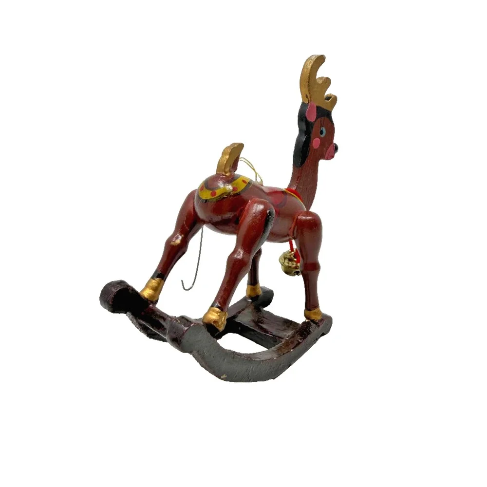 Vintage Hand Painted Wooden Rocking Reindeer Ornament w/ Bell 4.5