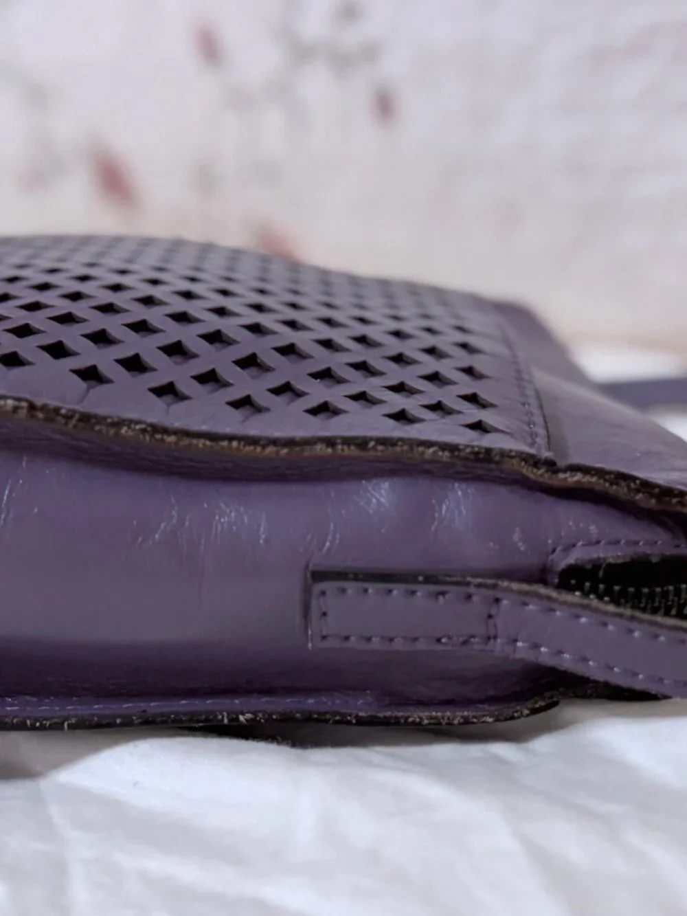 Patricia Nash Purple Amethyst Leather Perforated Top Zip Crossbody Purse