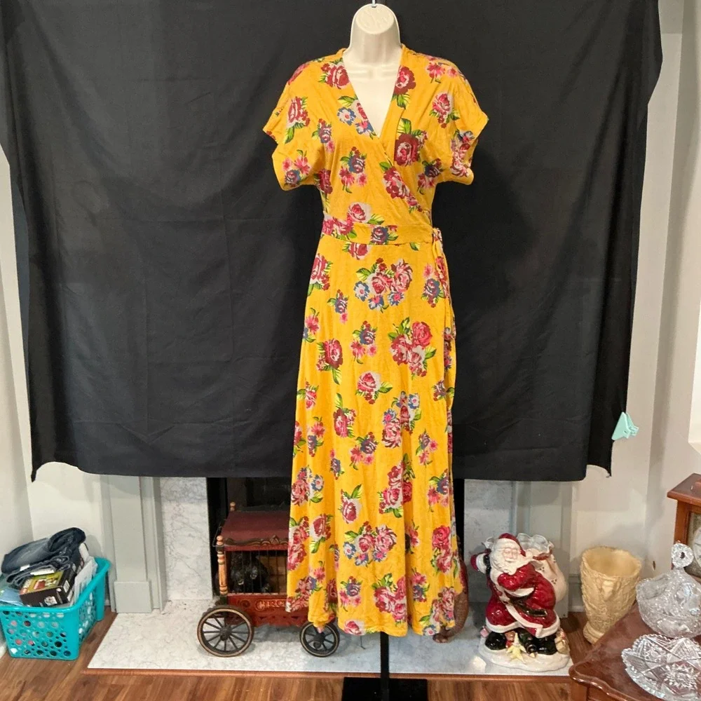 Matilda Jane‎ Wrap Dress Maxi S/M Yellow Floral Cotton V-Neck Short Sleeve Boho