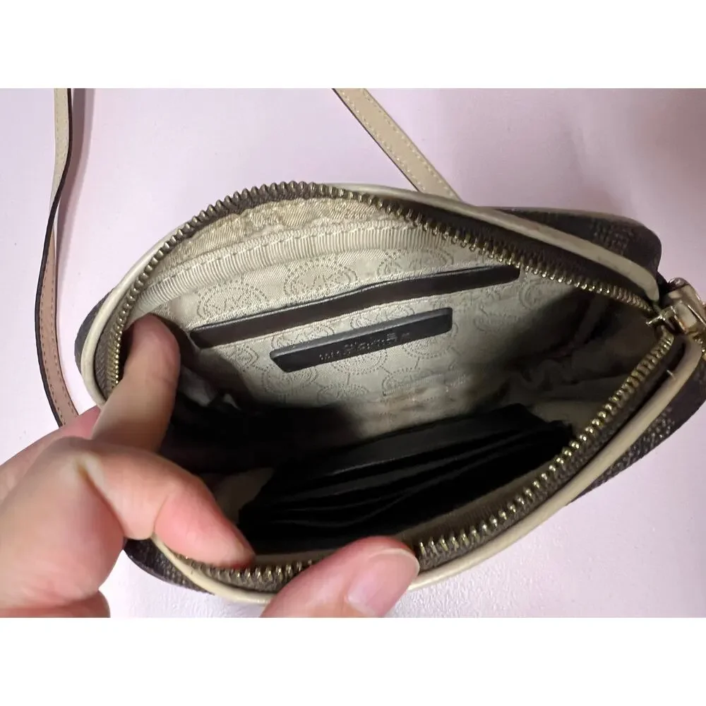 Michael Kors Monogram Small Crossbody Brown Beige Zip Chain Strap Gold Hardware