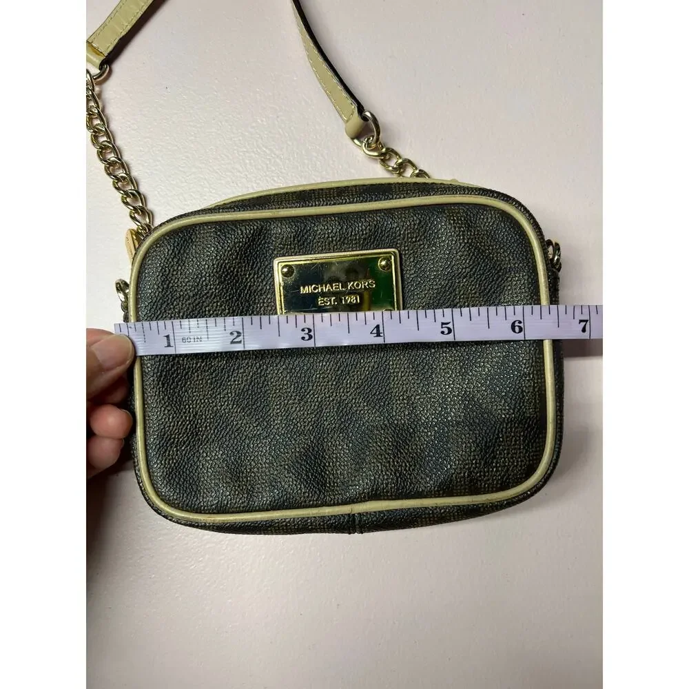 Michael Kors Monogram Small Crossbody Brown Beige Zip Chain Strap Gold Hardware