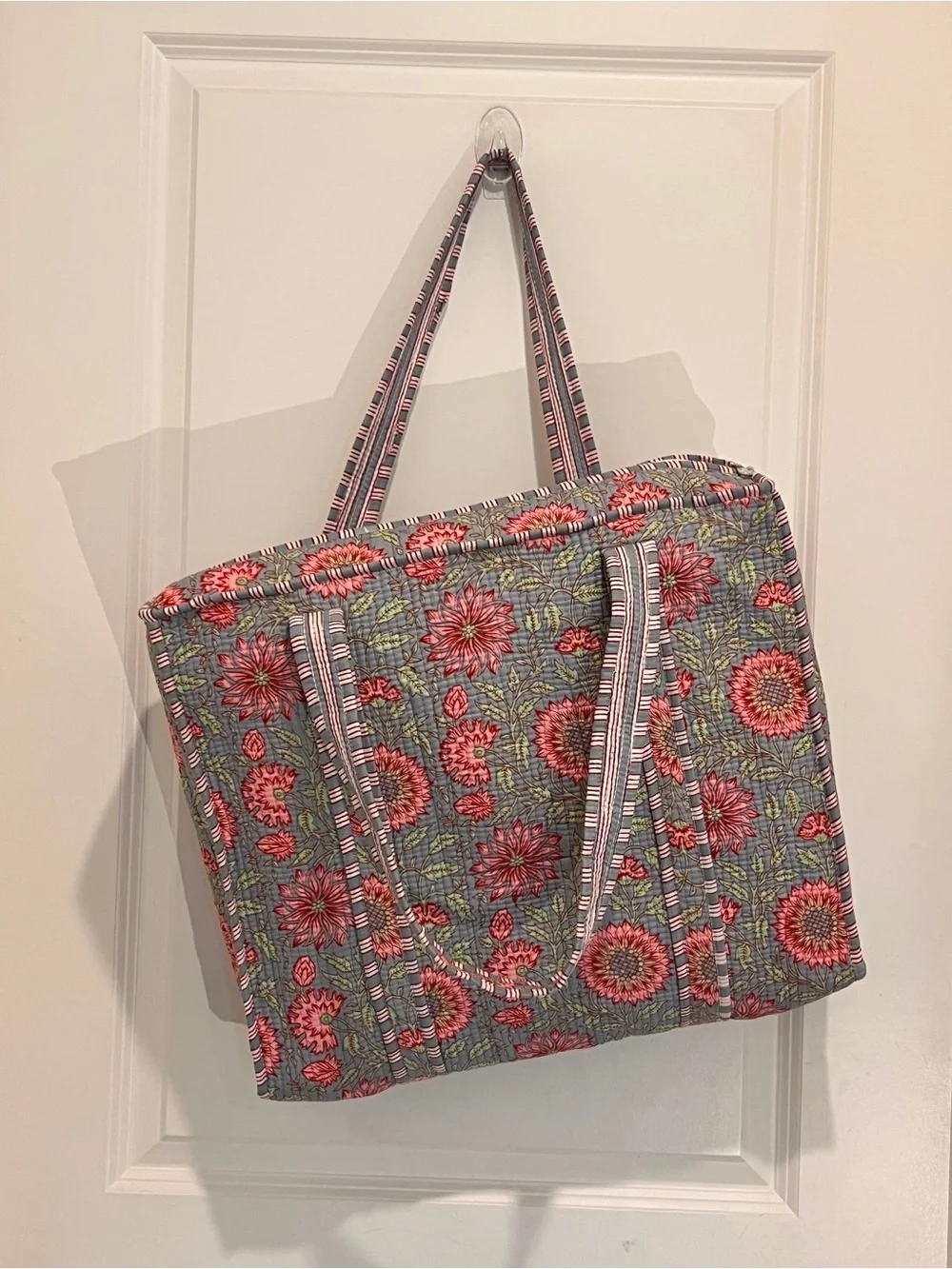 Quilted Floral Tote Bag in Pink and Gray