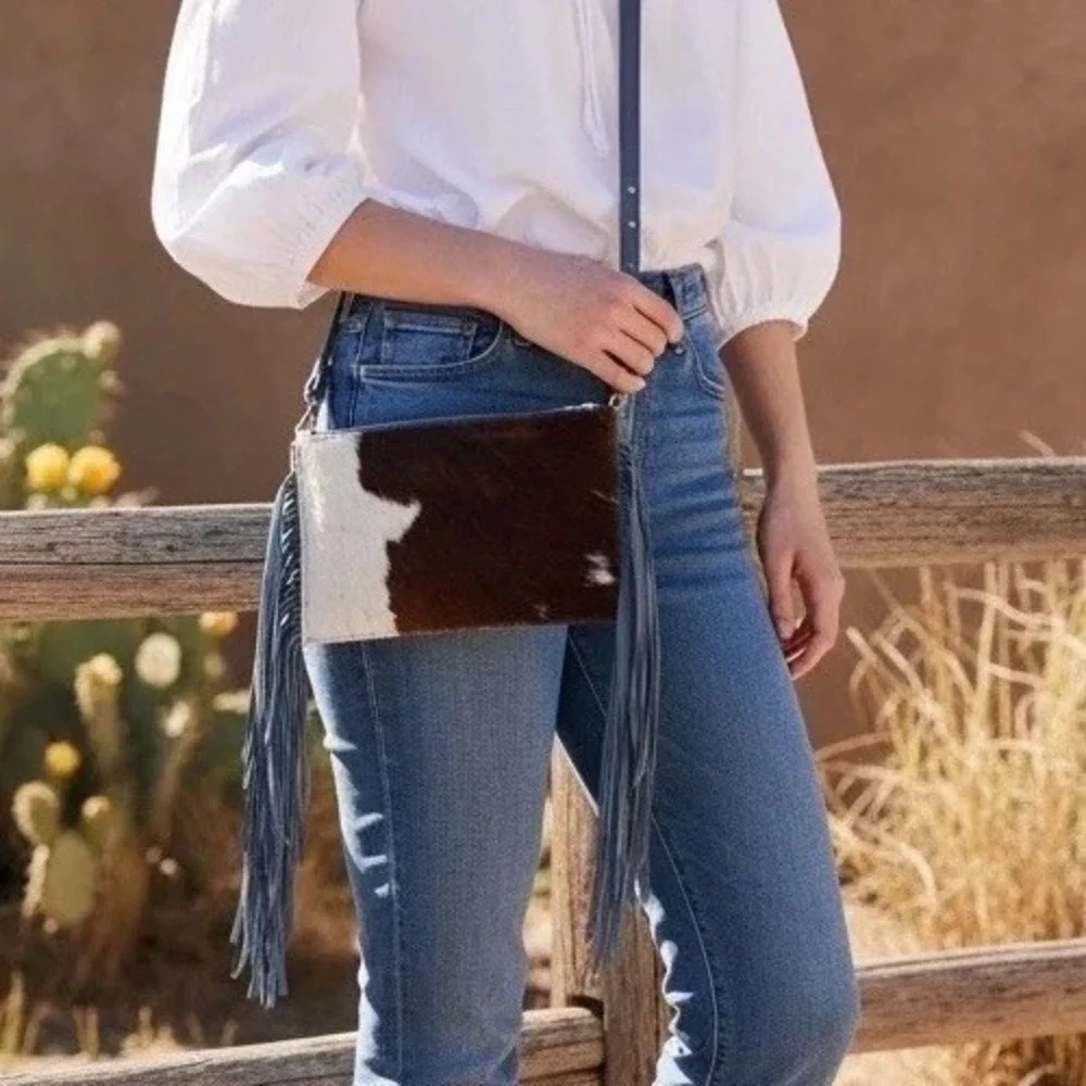 Western Linen TX—Cowhide Crossbody Fringe LTD Bag Blue Homestead Coastal Cowgirl