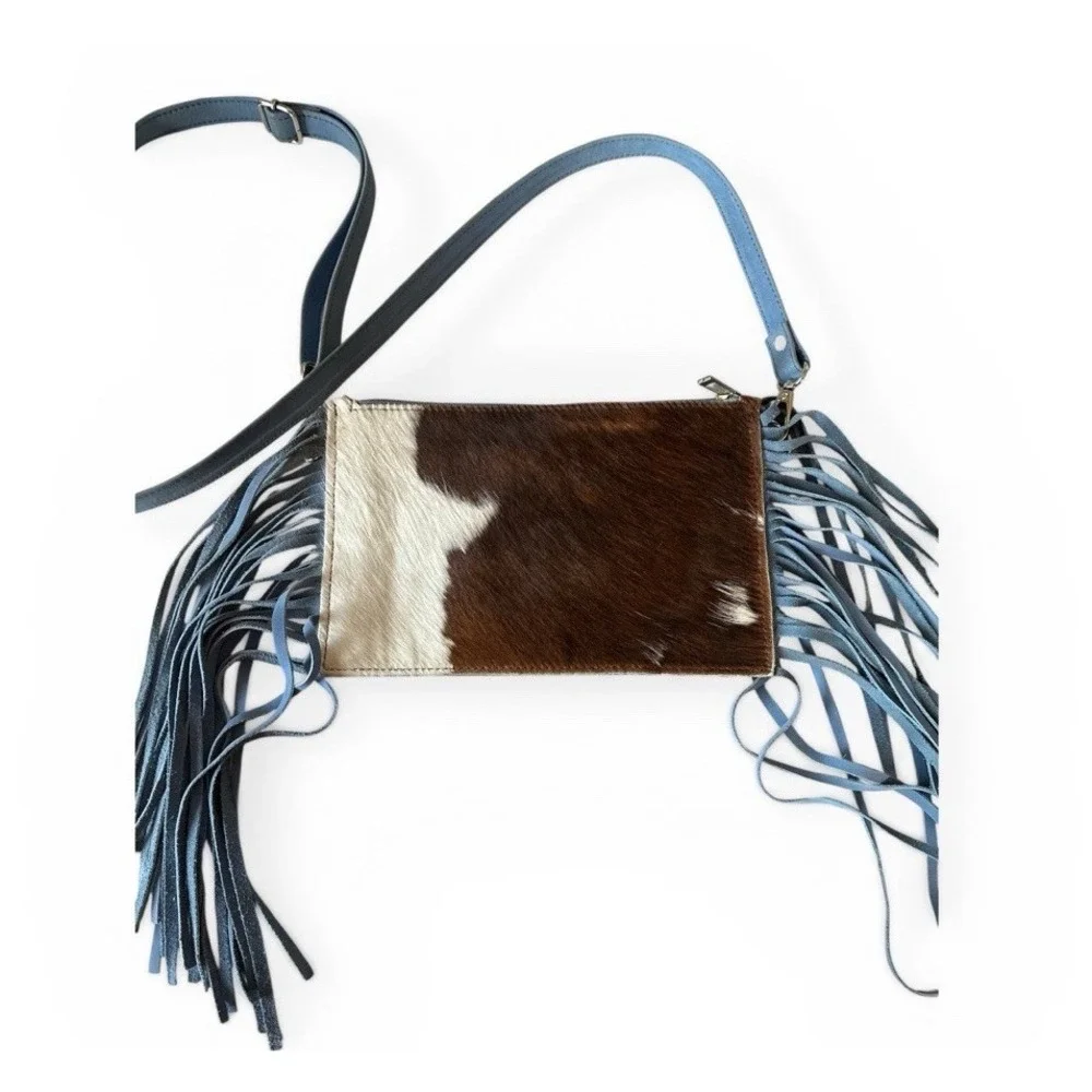 Western Linen TX—Cowhide Crossbody Fringe LTD Bag Blue Homestead Coastal Cowgirl