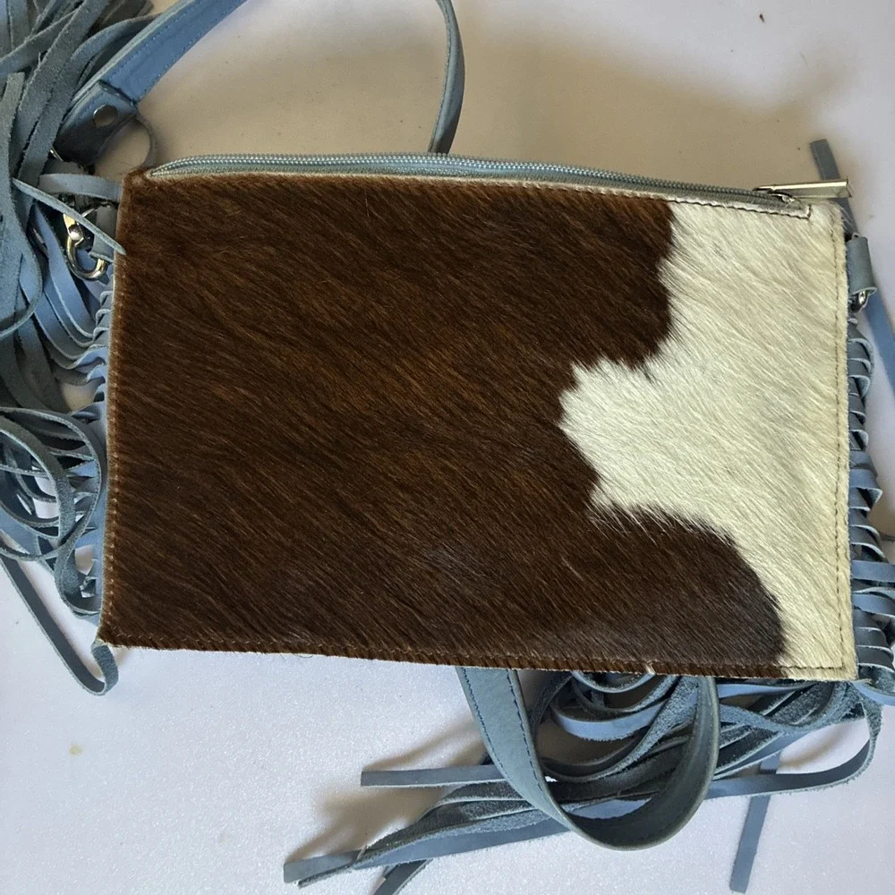 Western Linen TX—Cowhide Crossbody Fringe LTD Bag Blue Homestead Coastal Cowgirl