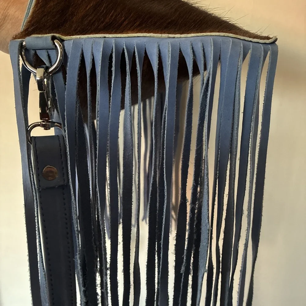 Western Linen TX—Cowhide Crossbody Fringe LTD Bag Blue Homestead Coastal Cowgirl