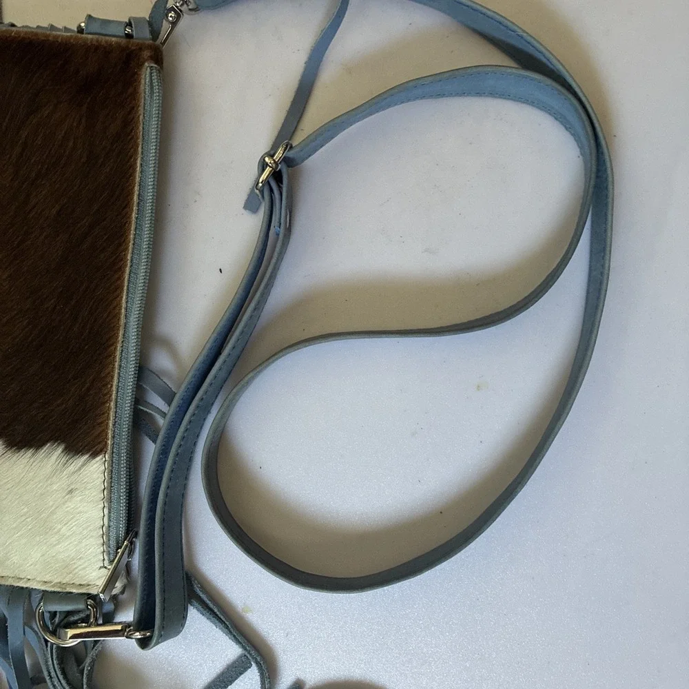 Western Linen TX—Cowhide Crossbody Fringe LTD Bag Blue Homestead Coastal Cowgirl