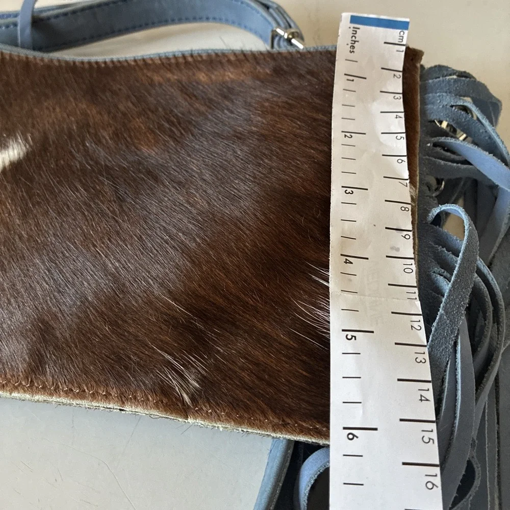 Western Linen TX—Cowhide Crossbody Fringe LTD Bag Blue Homestead Coastal Cowgirl