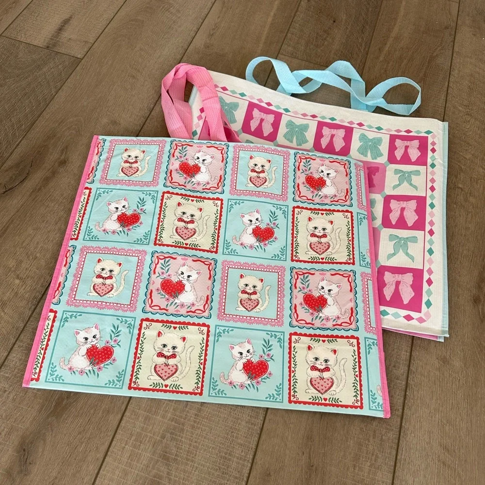 Homegoods TJMaxx Marshalls Valentines Day Kitten & Pink Blue Bow Tote Bags NWOT