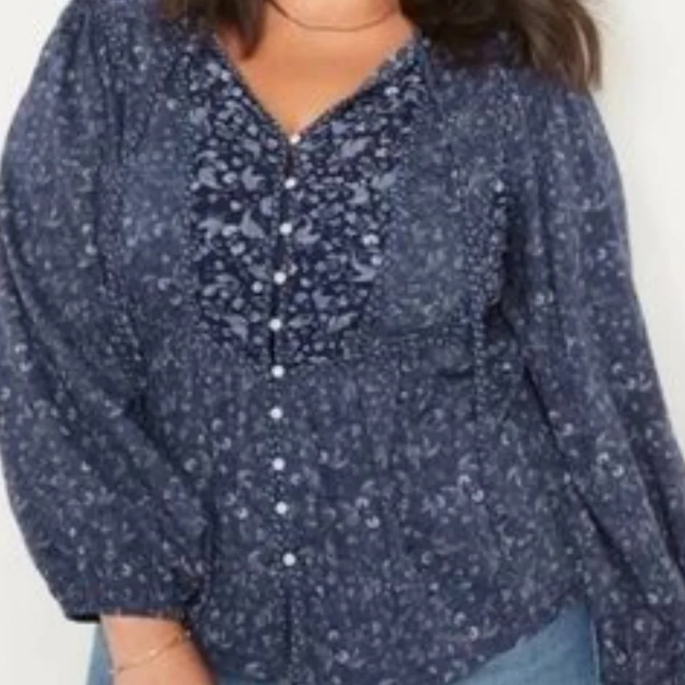 Old Navy Oversized Button-Front Mixed-Print Poet Navy Romantic Blouse - XS - NWT