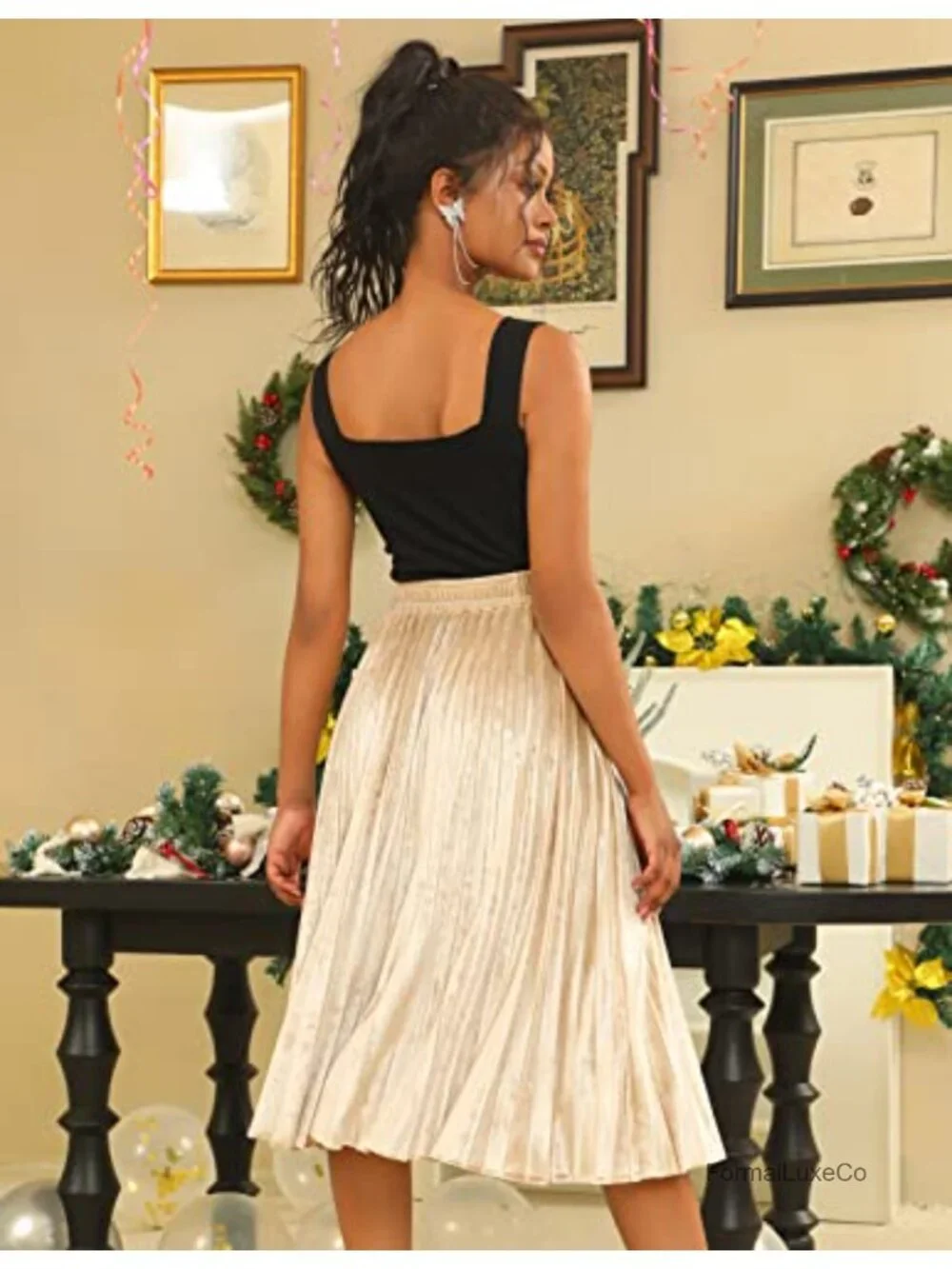 DRESSTELLS Pleated Midi Skirt High Waisted A-Line Chiffon Lined