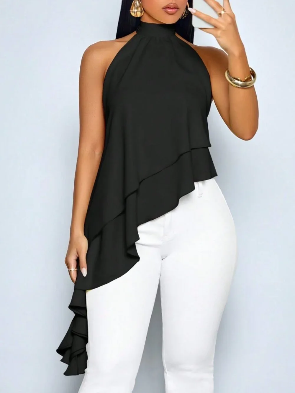 Black Casual Women's Asymmetric Flowing Halter Neck Ruffle Hem Blouse