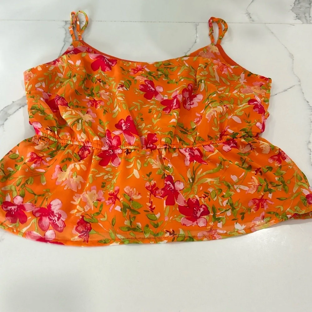 Enna & Michele Orange Sleeveless‎ Chiffon Floral Peplum Top. Size XS