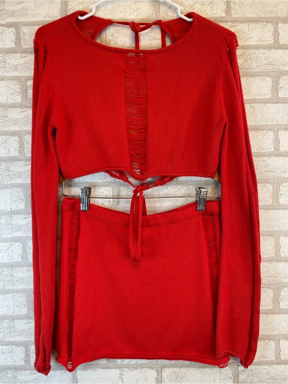 Lucy in the Sky Red Distressed Knit Two-Piece Dress Set Size L NWOT