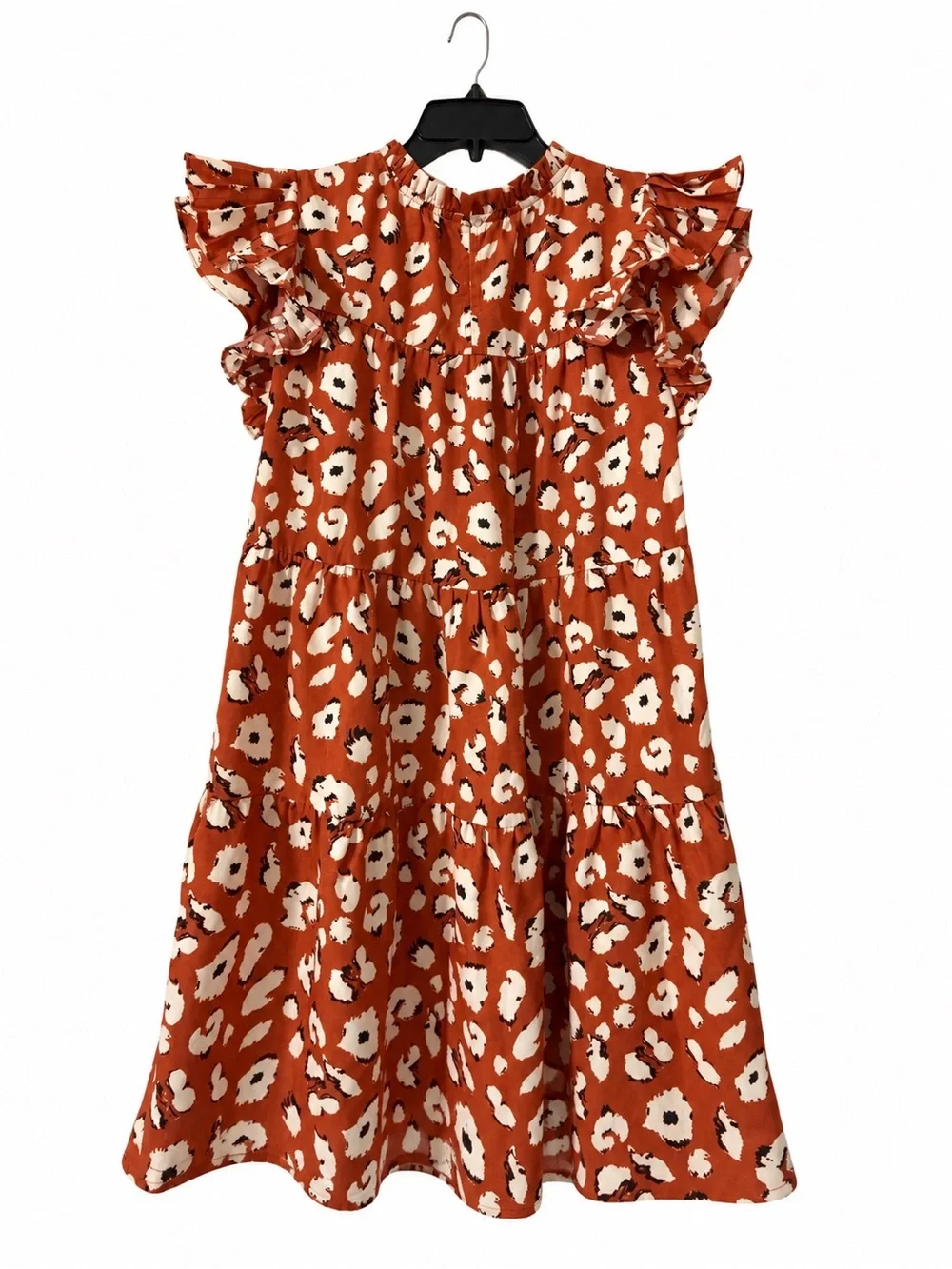 rust animal print ruffle tiered mini dress flutter sleeve boho
