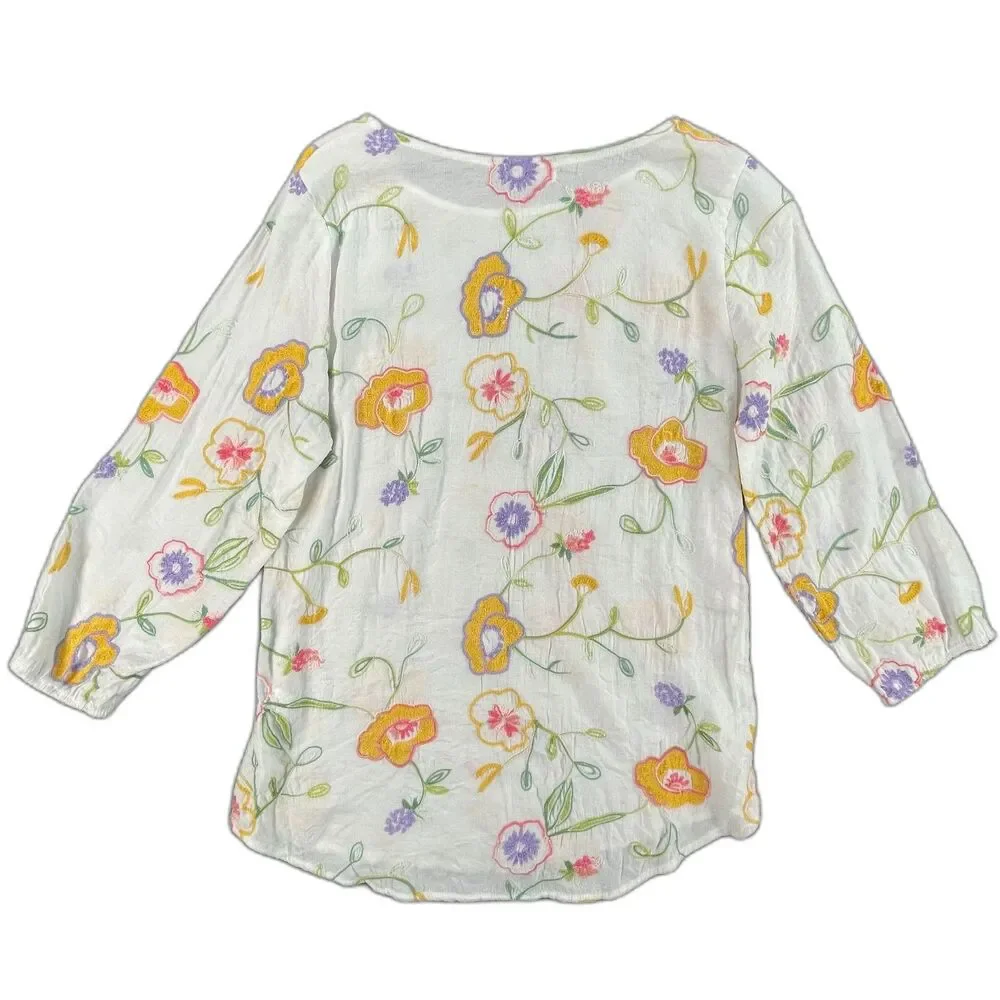 Kindred Floral Embroidered Boho Blouse M White Sheer Peasant Top Resort Gauzy