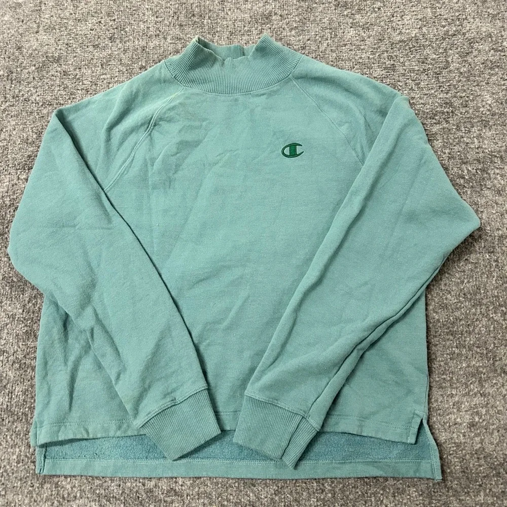 Champion Sweatshirt Womens Size S Teal Mock Neck Raglan Sleeve Cropped Pullover