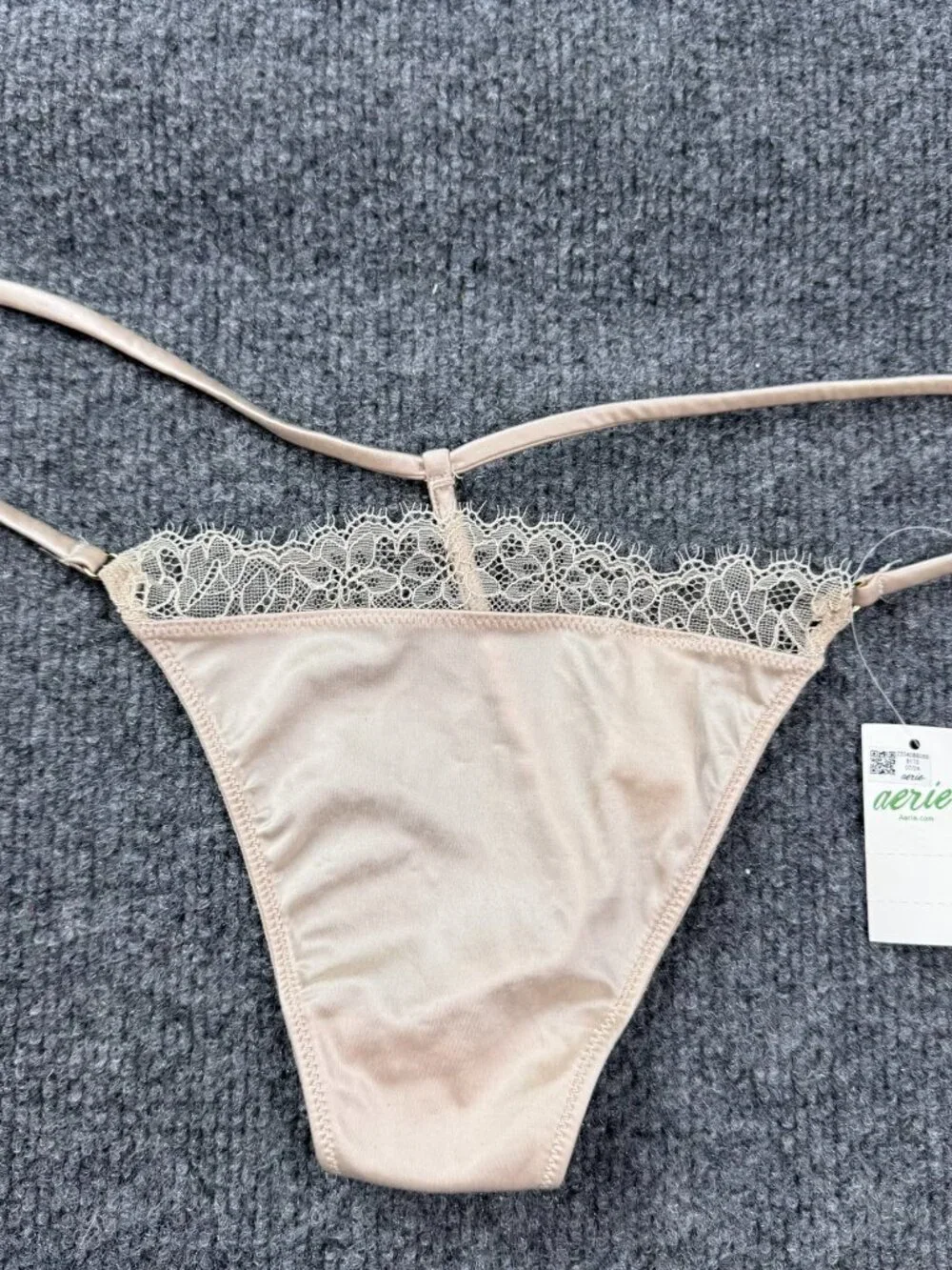 Aerie Lace Trim Thong Panty Tan Nude Eyelash Lace Shiny Size Large L
