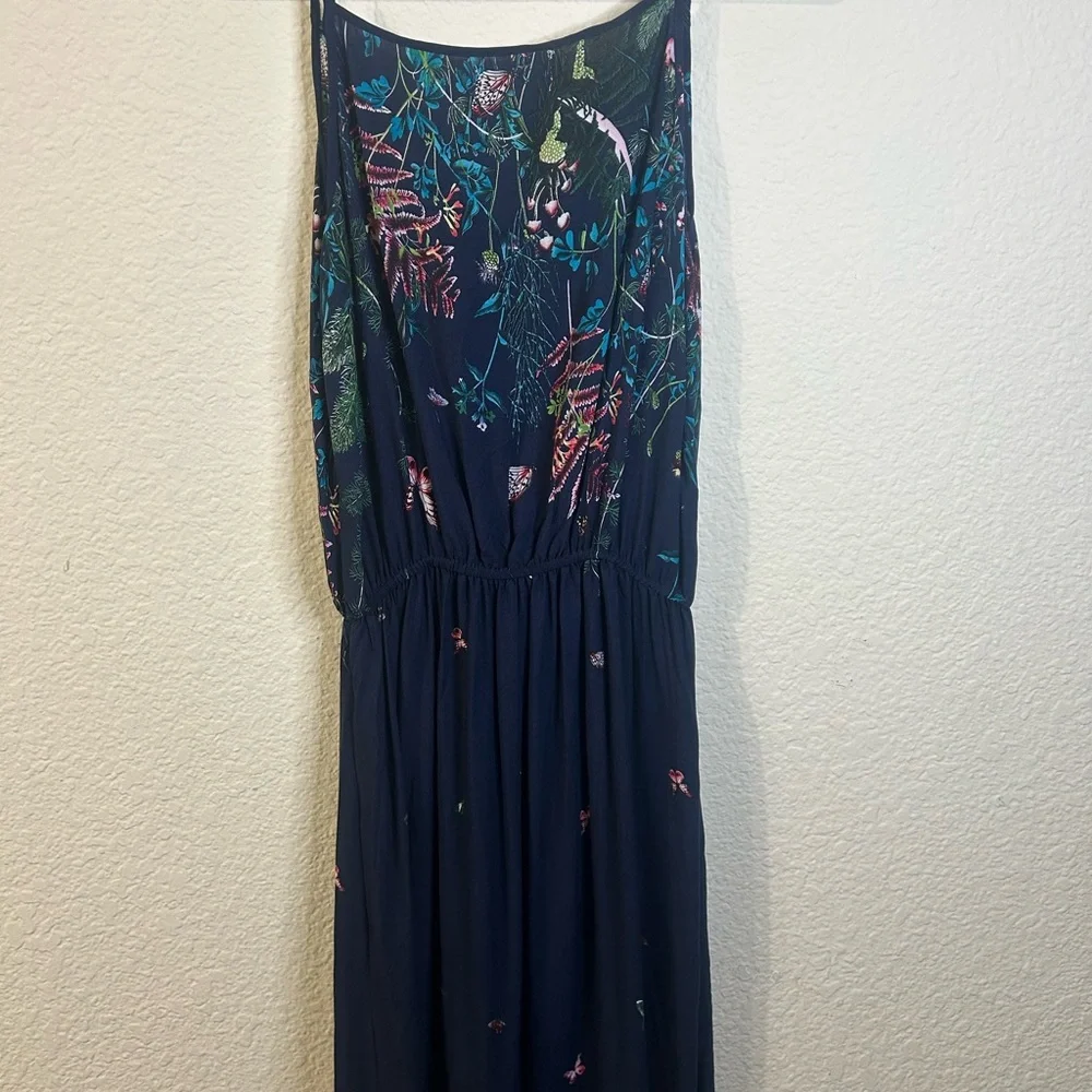 Seven Islands Faux Embroided Sleeveless Floral Navy Maxi Dress tie Front Flowy S