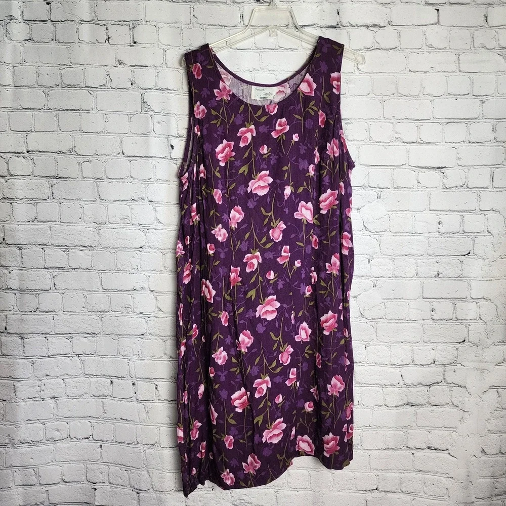 Forever Caroline Vintage 90s Floral Sleeveless‎ Midi Dress Purple Pink XL