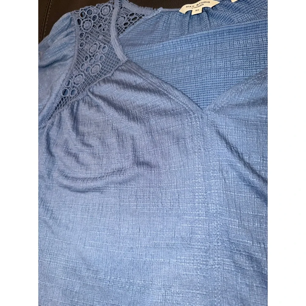 Max Studio London V-Neck Crochet Lace Blue Top Women 3X