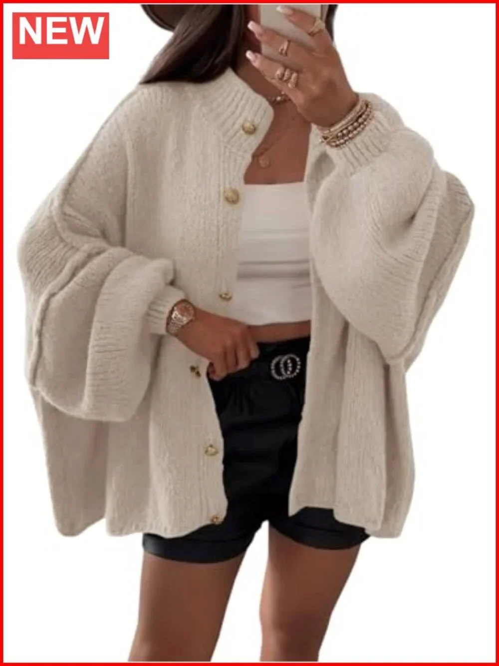 Oversized Lantern Sleeve Button Down Chunky Knit Cardigan Sweater Coat