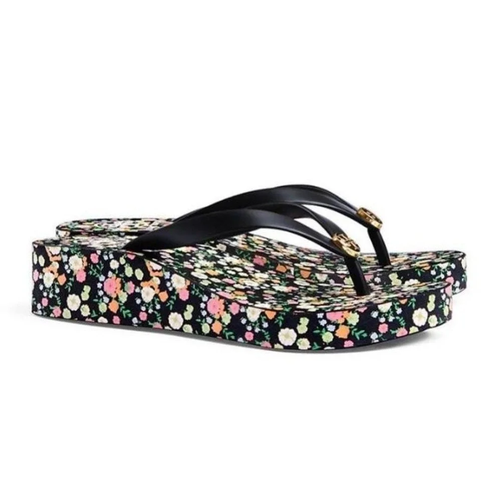 Tory Burch‎ Black Floral Wedge Sandals, NWOT