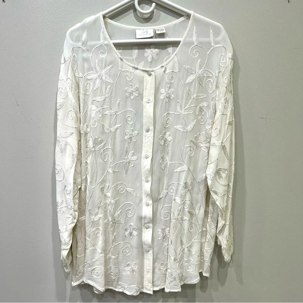 Soft Sorroundings Embroidered Button Down Top Women’s Size Large