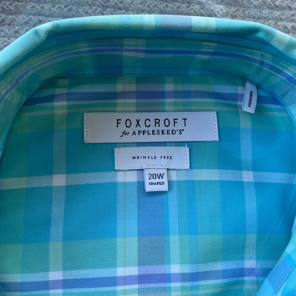 Foxcroft For Appleseeds Wrinkle Free Shaped Poplin Shirt Caribbean Blue Plaid