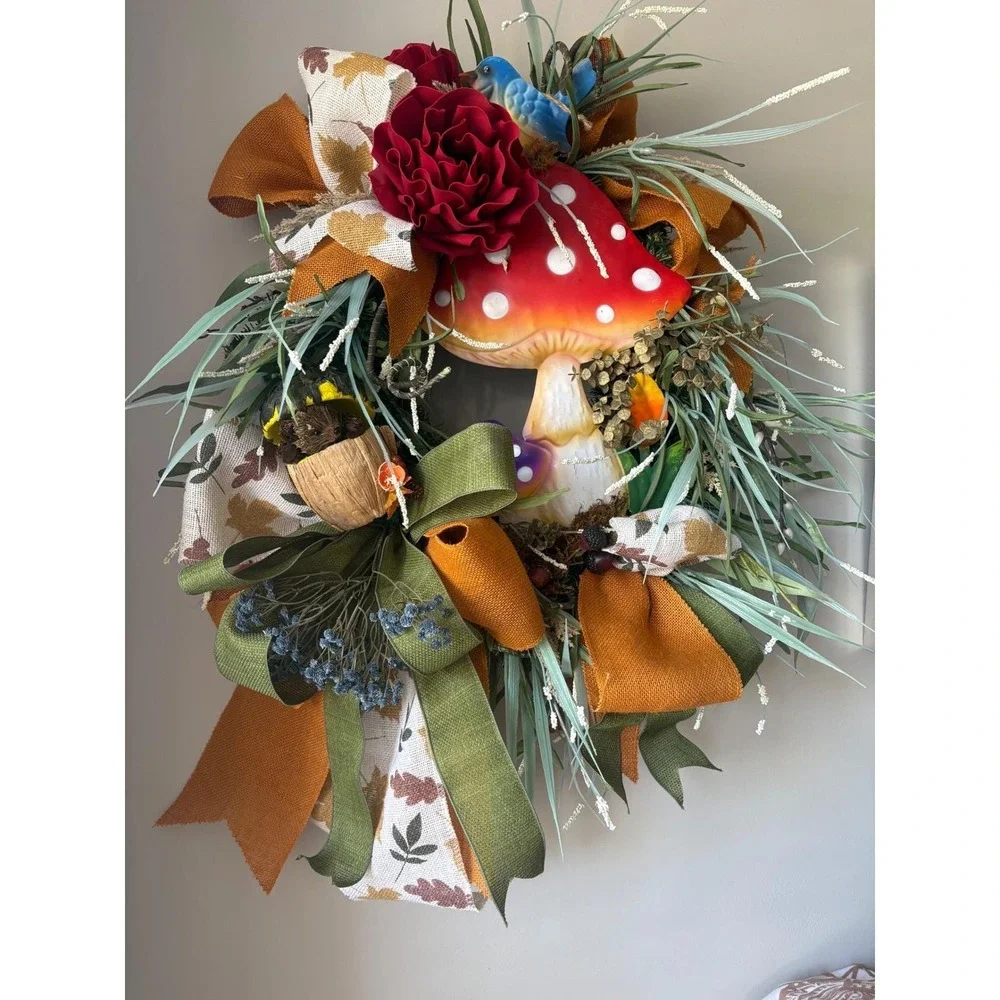 Whimsical Mushroom Wreath Front Door Enchanted Woodland Cottagecore‎ Bluebird