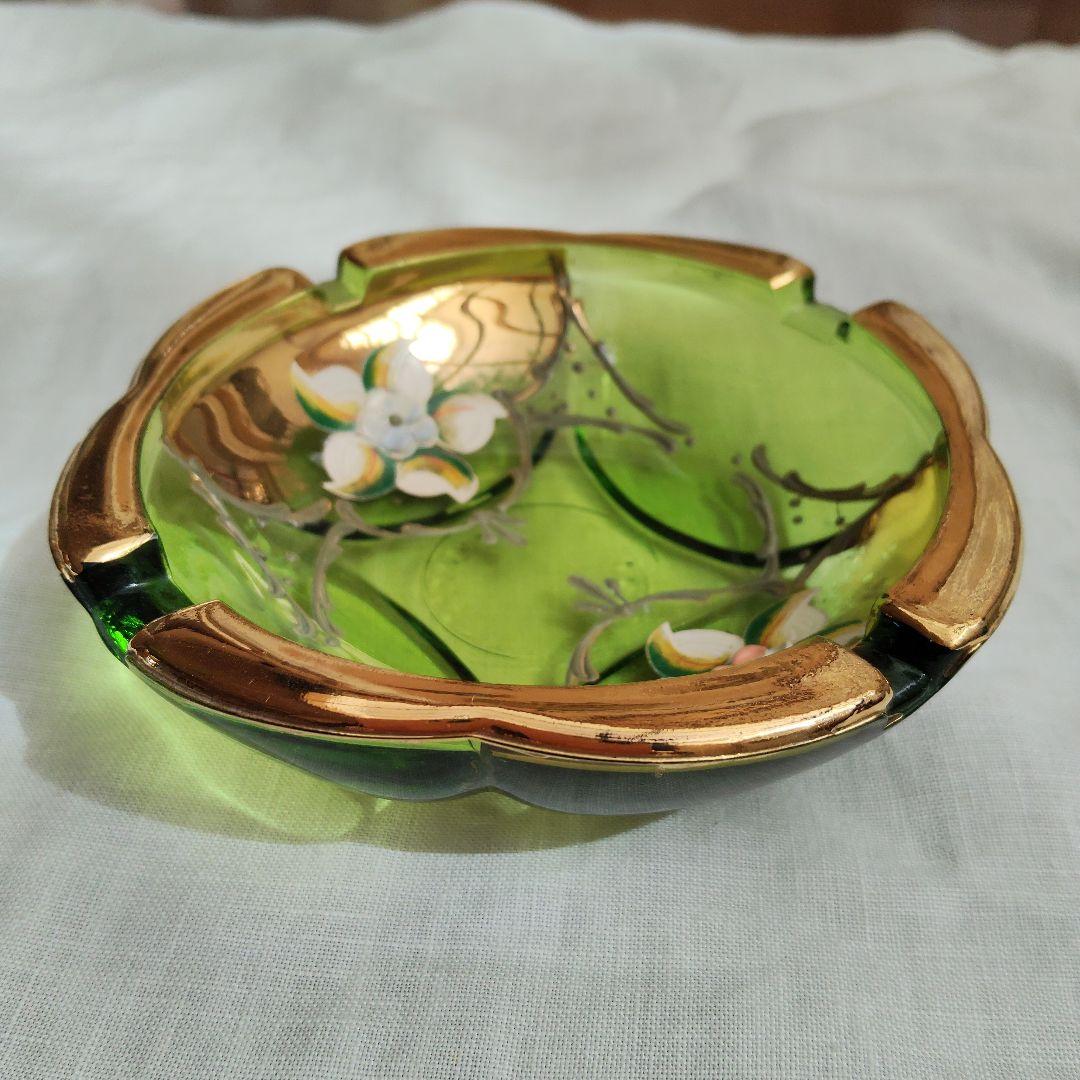 Murano Glass Ashtray - Green with Floral Pattern and Gold Rim