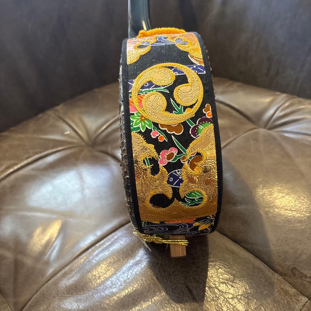 Sanshin (Okinawan three-stringed instrument) with real snakeskin, picks, and sound amplifier