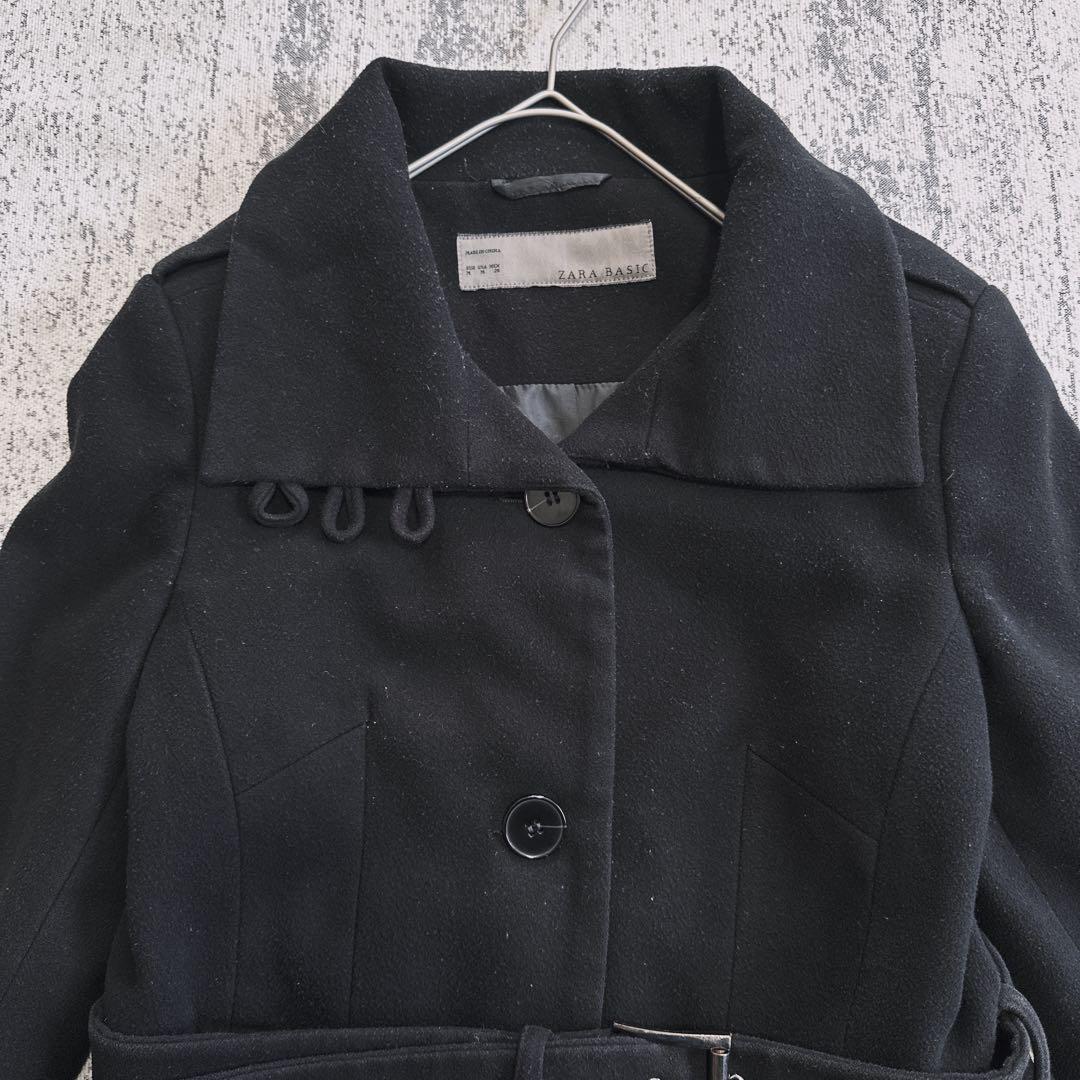 ZARA BASIC Coat Black Belted Stand Collar A-Line Autumn/Winter M